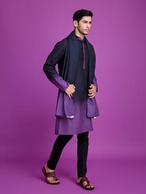 Black & dusty purple rayon solid with hand mirror embroidery work ceremonial wear mens kurta with dupatta 5