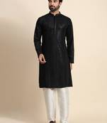 Black cotton sequins embroidery work smart and ethnic indian traditional looks men's kurta pajama