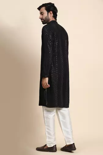 Black cotton sequins embroidery work smart and ethnic indian traditional looks men's kurta pajama