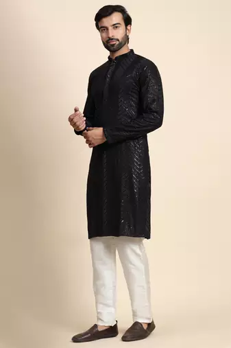 Black cotton sequins embroidery work smart and ethnic indian traditional looks men's kurta pajama