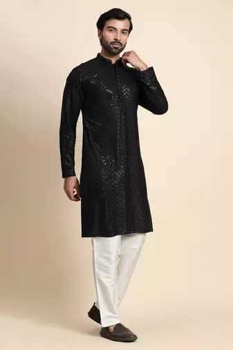 Black cotton sequins embroidery work smart and ethnic indian traditional looks men's kurta pajama
