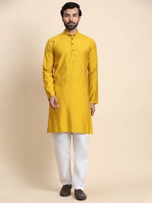 Mustard yellow viscosee rayon festive wear kurta payjama for rich traditional indian looks 1