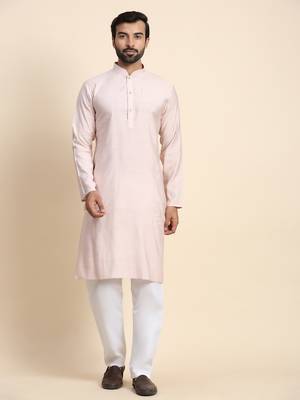 Light pink viscosee rayon festive wear kurta payjama for rich traditional indian looks 1