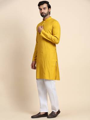 Mustard yellow viscosee rayon festive wear kurta payjama for rich traditional indian looks 3