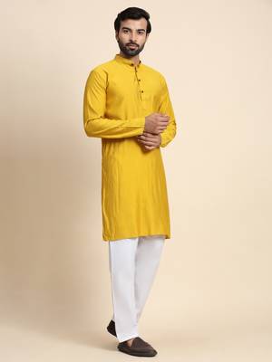 Mustard yellow viscosee rayon festive wear kurta payjama for rich traditional indian looks 4