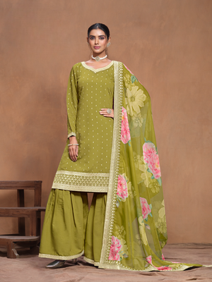 Green embroidered roman silk sharara suit 1