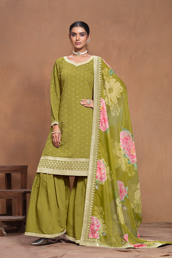 Green embroidered roman silk semi stitched sharara suit