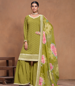 Green embroidered roman silk semi stitched sharara suit