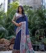 Blue tussar silk blend c Saree With Ethnic Bandhani And Madhubani Print