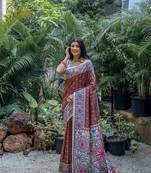 Coffee tussar silk blend c Saree With Ethnic Bandhani And Madhubani Print
