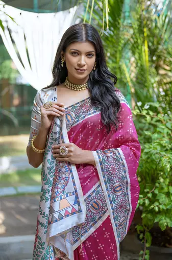 Pink tussar silk blend c Saree With Ethnic Bandhani And Madhubani Print