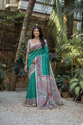 Rama tussar silk blend c Saree With Ethnic Bandhani And Madhubani Print 1
