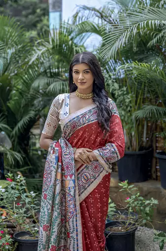 Red tussar silk blend c Saree With Ethnic Bandhani And Madhubani Print