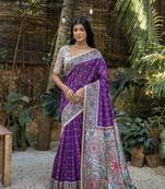 Purple tussar silk blend c Saree With Ethnic Bandhani And Madhubani Print