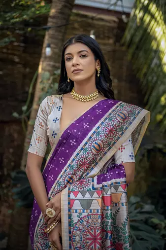 Purple tussar silk blend c Saree With Ethnic Bandhani And Madhubani Print