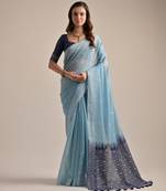 Sky Blue Muga Cotton c Ethnic Jamdani Weaving Designer For Graceful Festive Season
