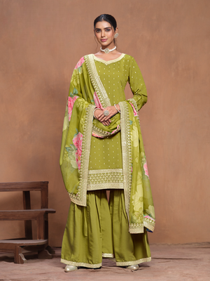 Green embroidered roman silk sharara suit 2