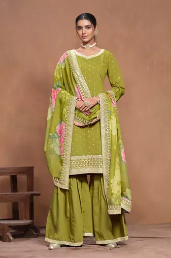 Green embroidered roman silk sharara suit