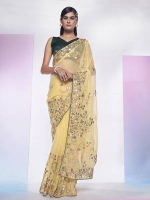Yellow Simmar c Saree With Girlie Style Heavy Gotta Embroidery Work 1