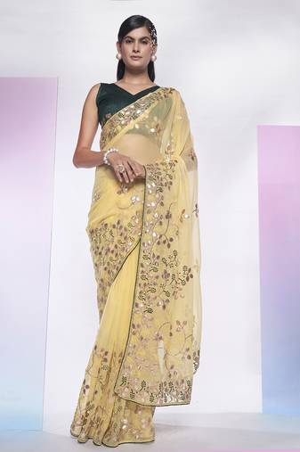 Yellow Designer Simmar c Saree With Girlie Style Heavy Gotta Embroidery Work