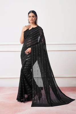 Black Georgette c Saree With Girlie Style Sequance And Thread Embroidery Work 1