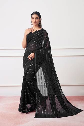 Black Designer Georgette c Saree With Girlie Style Sequance And Thread Embroidery Work