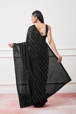 Black Georgette c Saree With Girlie Style Sequance And Thread Embroidery Work 2