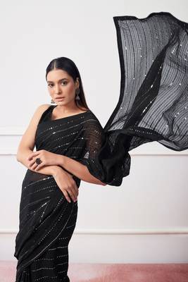 Black Georgette c Saree With Girlie Style Sequance And Thread Embroidery Work 3