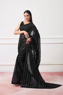 Black Georgette c Saree With Girlie Style Sequance And Thread Embroidery Work 4