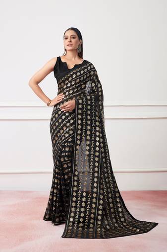Black Designer Georgette c Saree With Girlie Style Sequance Embroidery Work