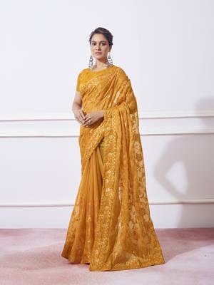 Mustard Simmar c Saree With Girlie Style Thread Embroidery Work 1