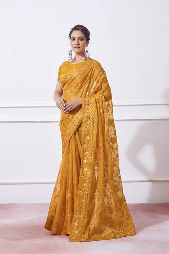 Mustard Designer Simmar c Saree With Girlie Style Designer Thread Embroidery Work