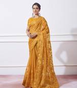 Mustard Simmar c Saree With Girlie Style Thread Embroidery Work