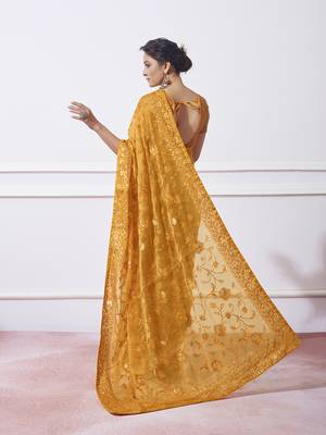 Mustard Simmar c Saree With Girlie Style Thread Embroidery Work 2