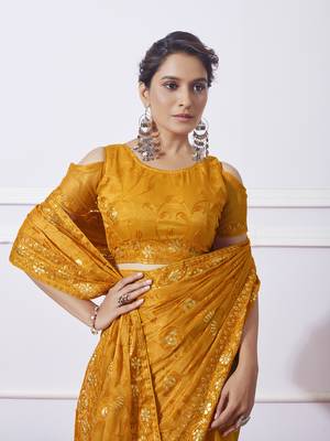 Mustard Simmar c Saree With Girlie Style Thread Embroidery Work 3