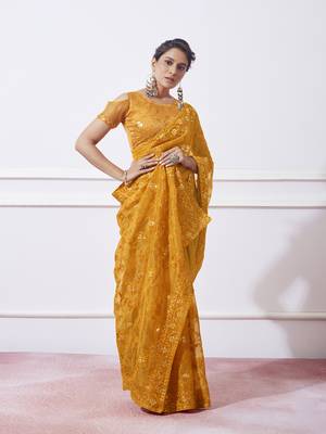 Mustard Simmar c Saree With Girlie Style Thread Embroidery Work 4