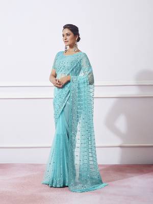 Blue Net c Saree With Girlie Style Thread Embroidery Work 1