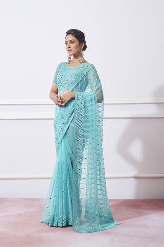 Blue Designer Net c Saree With Girlie Style Designer Thread Embroidery Work