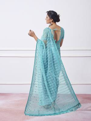 Blue Net c Saree With Girlie Style Thread Embroidery Work 2