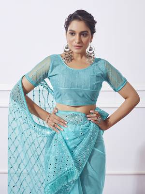 Blue Net c Saree With Girlie Style Thread Embroidery Work 3