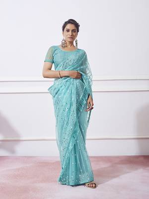Blue Net c Saree With Girlie Style Thread Embroidery Work 4