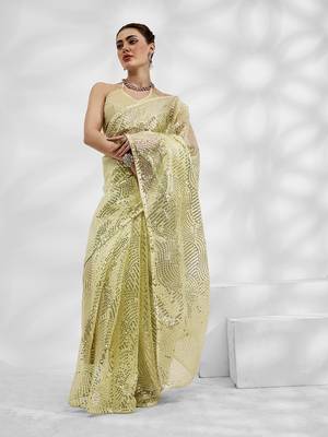 Lime Net Organza c Saree With Girlie Style Sequance And Thread Embroidery Work 1