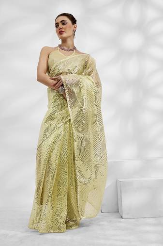 Lime Designer Net Organza c Saree With Girlie Style Sequance And Thread Embroidery Work