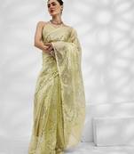 Lime Net Organza c Saree With Girlie Style Sequance And Thread Embroidery Work