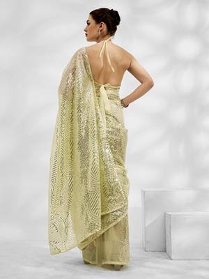 Lime Net Organza c Saree With Girlie Style Sequance And Thread Embroidery Work 2