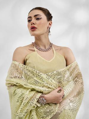 Lime Net Organza c Saree With Girlie Style Sequance And Thread Embroidery Work 3
