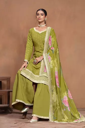Green embroidered roman silk sharara suit