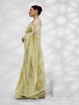 Lime Net Organza c Saree With Girlie Style Sequance And Thread Embroidery Work 4