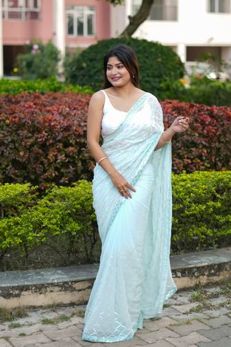Light Blue Designer Georgette c Saree With Girlie Style Sequance Embroidery Work