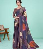 Dark Purple Crape Soft Silk c c Designer Digital Printed Graceful Partywear Saree